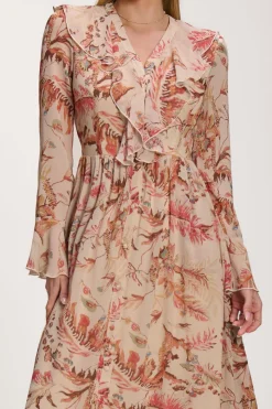 Jolie Moi Occasion Dresses|Long Sleeved Dresses-Long Sleeve Chiffon Ruffle Maxi Dress, Orange Multi