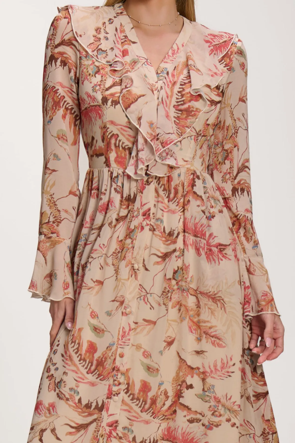 Jolie Moi Occasion Dresses|Long Sleeved Dresses-Long Sleeve Chiffon Ruffle Maxi Dress, Orange Multi