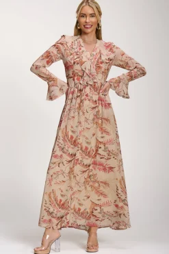 Jolie Moi Occasion Dresses|Long Sleeved Dresses-Long Sleeve Chiffon Ruffle Maxi Dress, Orange Multi
