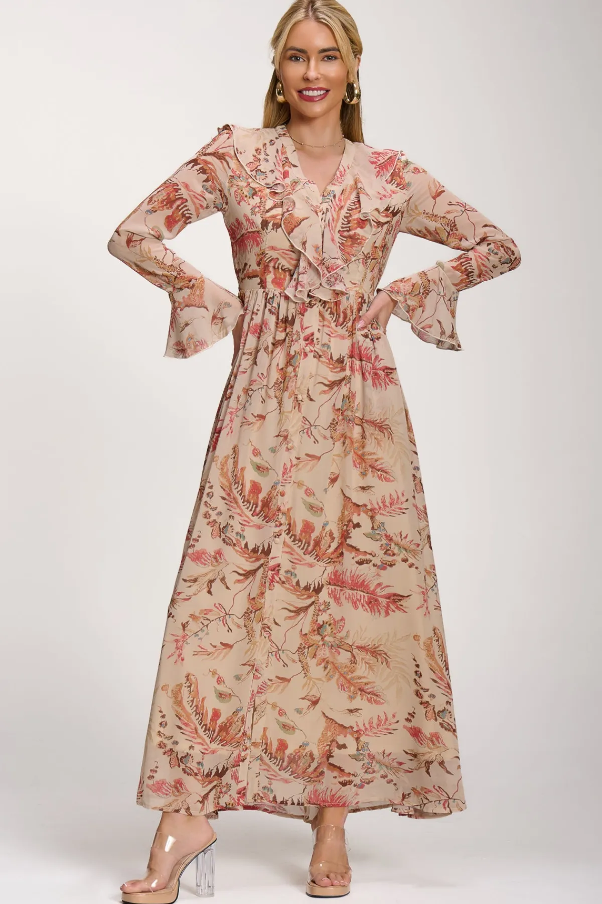 Jolie Moi Occasion Dresses|Long Sleeved Dresses-Long Sleeve Chiffon Ruffle Maxi Dress, Orange Multi