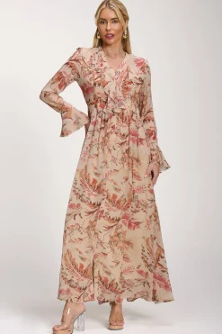 Jolie Moi Occasion Dresses|Long Sleeved Dresses-Long Sleeve Chiffon Ruffle Maxi Dress, Orange Multi