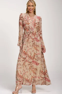 Jolie Moi Occasion Dresses|Long Sleeved Dresses-Long Sleeve Chiffon Ruffle Maxi Dress, Orange Multi