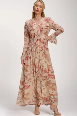 Jolie Moi Occasion Dresses|Long Sleeved Dresses-Long Sleeve Chiffon Ruffle Maxi Dress, Orange Multi