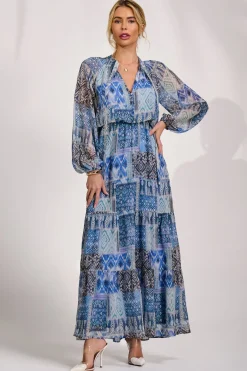 Jolie Moi Occasion Dresses|Office Dresses-Long Sleeve Chiffon Tiered Maxi Dress, Blue Pattern