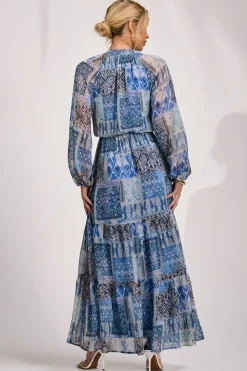 Jolie Moi Occasion Dresses|Office Dresses-Long Sleeve Chiffon Tiered Maxi Dress, Blue Pattern