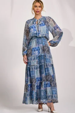 Jolie Moi Occasion Dresses|Office Dresses-Long Sleeve Chiffon Tiered Maxi Dress, Blue Pattern