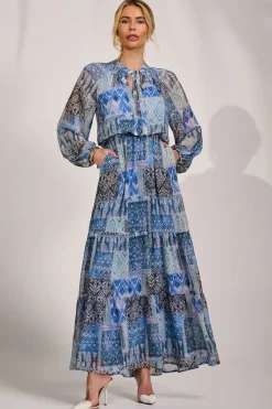 Jolie Moi Occasion Dresses|Office Dresses-Long Sleeve Chiffon Tiered Maxi Dress, Blue Pattern