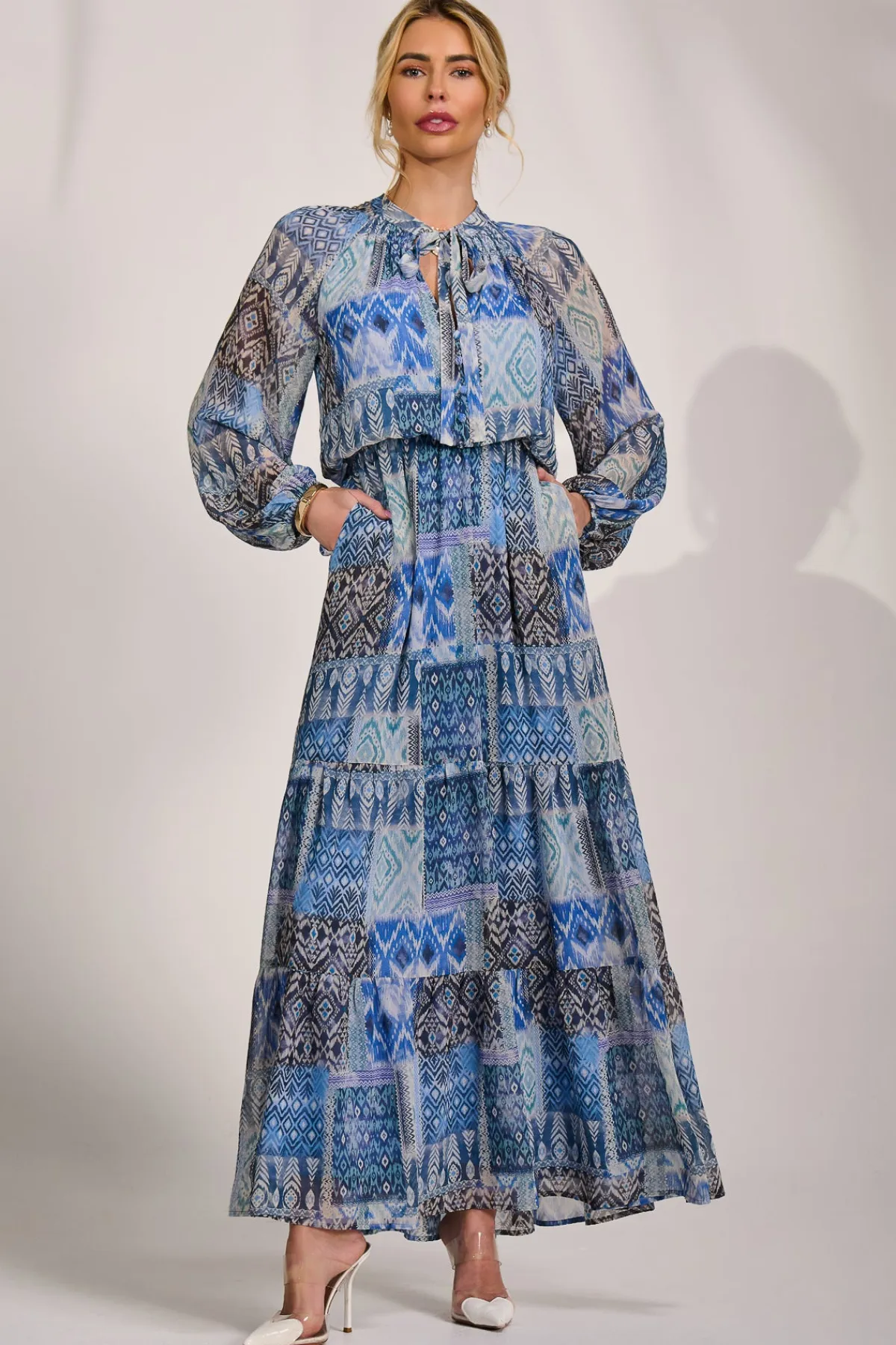 Jolie Moi Occasion Dresses|Office Dresses-Long Sleeve Chiffon Tiered Maxi Dress, Blue Pattern