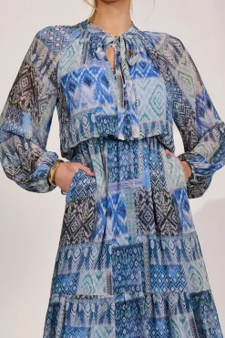 Jolie Moi Occasion Dresses|Office Dresses-Long Sleeve Chiffon Tiered Maxi Dress, Blue Pattern