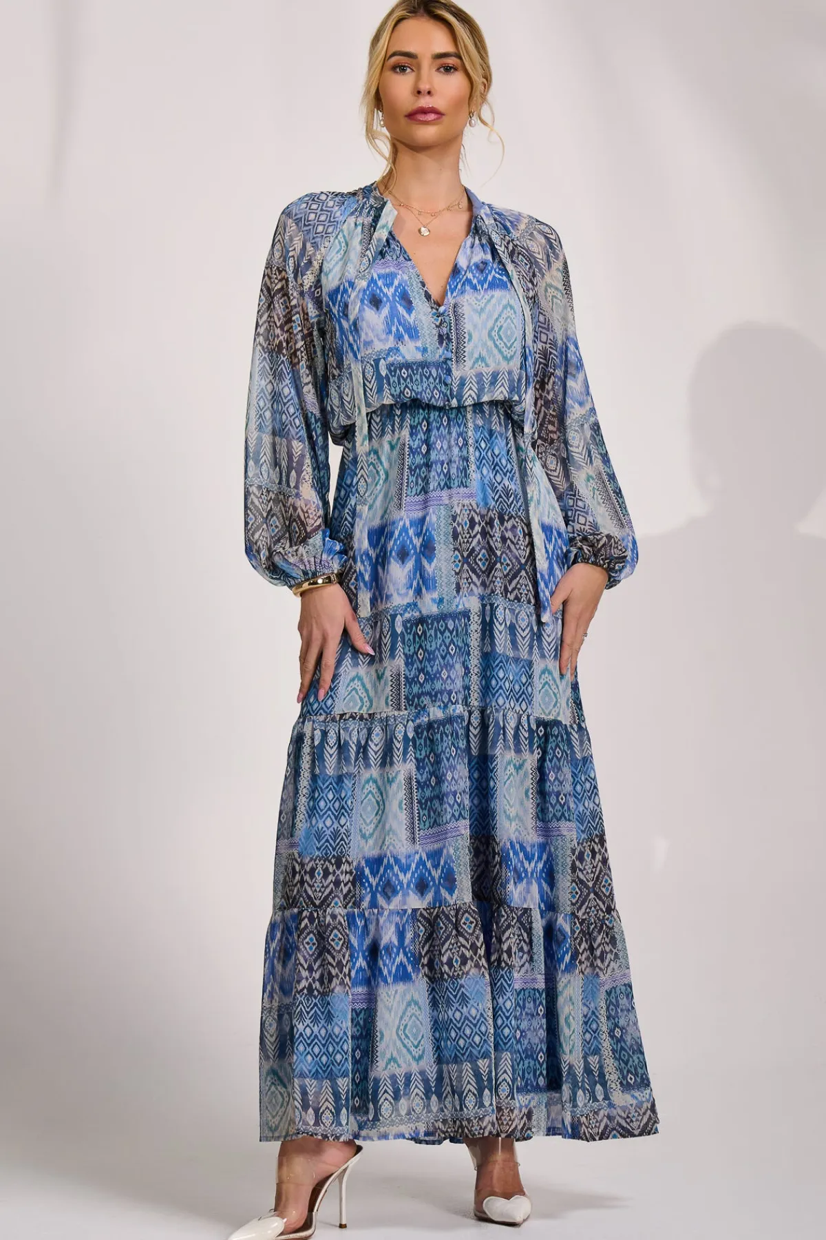 Jolie Moi Occasion Dresses|Office Dresses-Long Sleeve Chiffon Tiered Maxi Dress, Blue Pattern