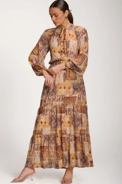 Jolie Moi Occasion Dresses|Long Sleeved Dresses-Long Sleeve Chiffon Tiered Maxi Dress, Orange Pattern