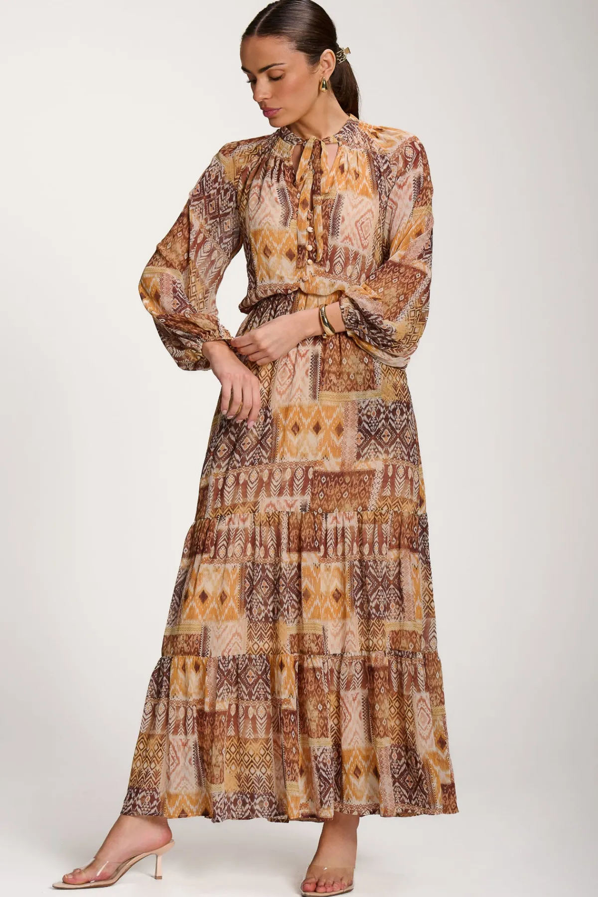 Jolie Moi Occasion Dresses|Long Sleeved Dresses-Long Sleeve Chiffon Tiered Maxi Dress, Orange Pattern