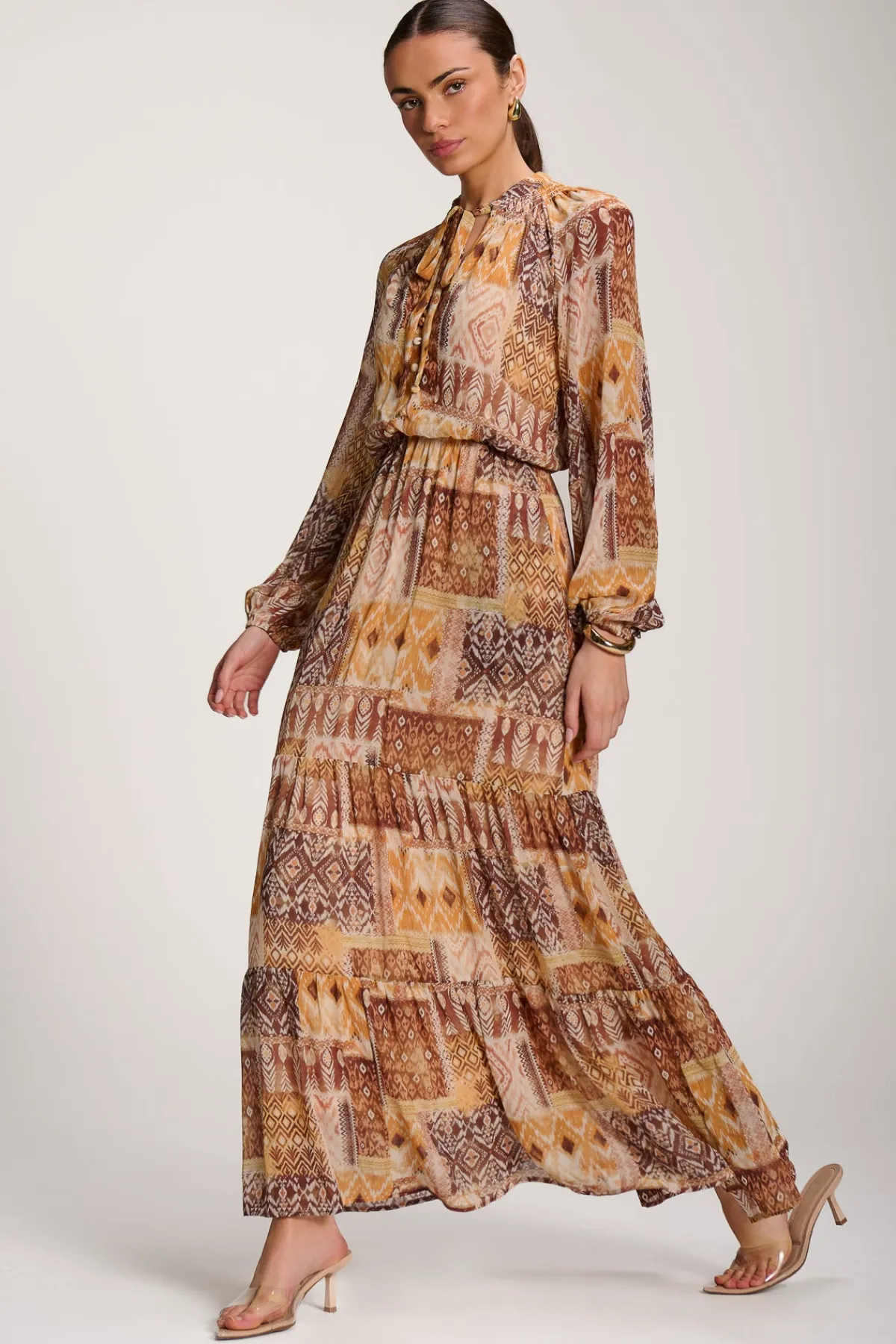 Jolie Moi Occasion Dresses|Long Sleeved Dresses-Long Sleeve Chiffon Tiered Maxi Dress, Orange Pattern