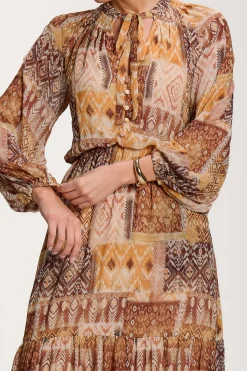 Jolie Moi Occasion Dresses|Long Sleeved Dresses-Long Sleeve Chiffon Tiered Maxi Dress, Orange Pattern