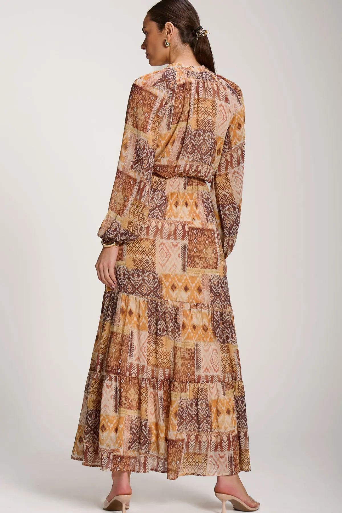 Jolie Moi Occasion Dresses|Long Sleeved Dresses-Long Sleeve Chiffon Tiered Maxi Dress, Orange Pattern