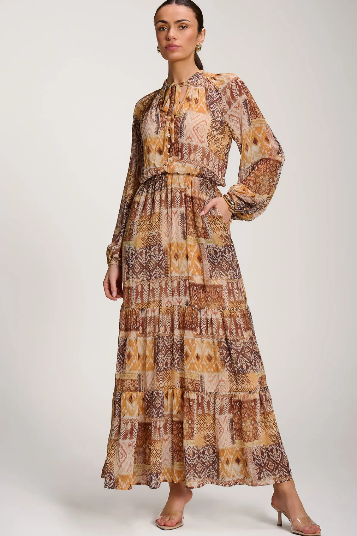 Jolie Moi Occasion Dresses|Long Sleeved Dresses-Long Sleeve Chiffon Tiered Maxi Dress, Orange Pattern