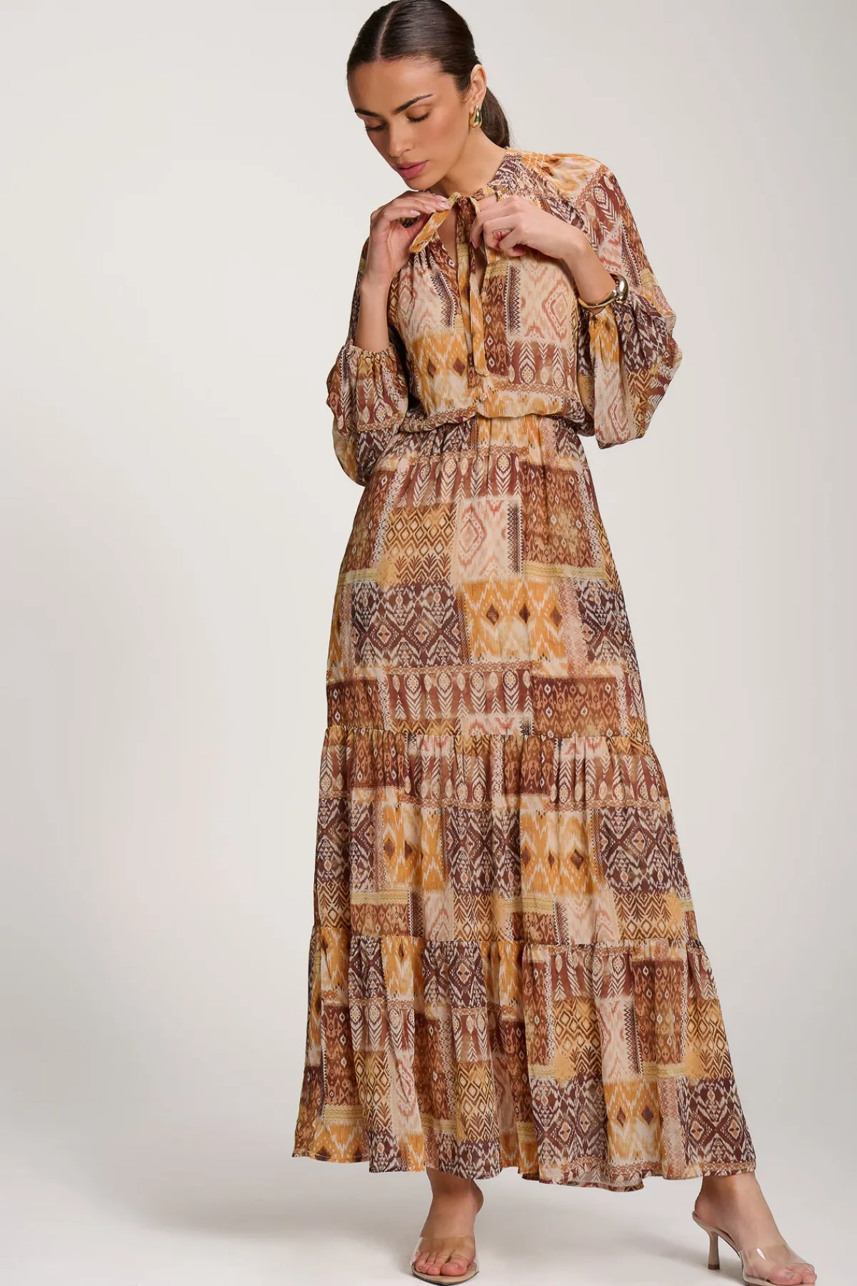 Jolie Moi Occasion Dresses|Long Sleeved Dresses-Long Sleeve Chiffon Tiered Maxi Dress, Orange Pattern