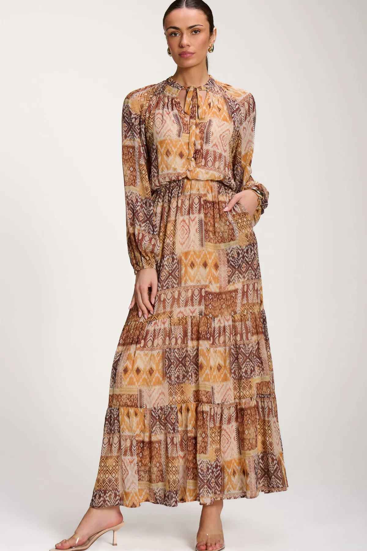 Jolie Moi Occasion Dresses|Long Sleeved Dresses-Long Sleeve Chiffon Tiered Maxi Dress, Orange Pattern