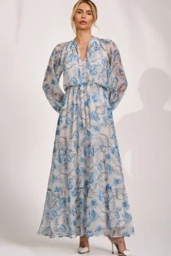 Jolie Moi Occasion Dresses|Weekend Casuals-Long Sleeve Chiffon Tiered Maxi Dress, White Floral