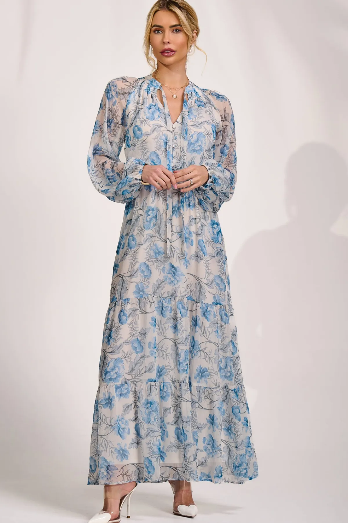 Jolie Moi Occasion Dresses|Weekend Casuals-Long Sleeve Chiffon Tiered Maxi Dress, White Floral
