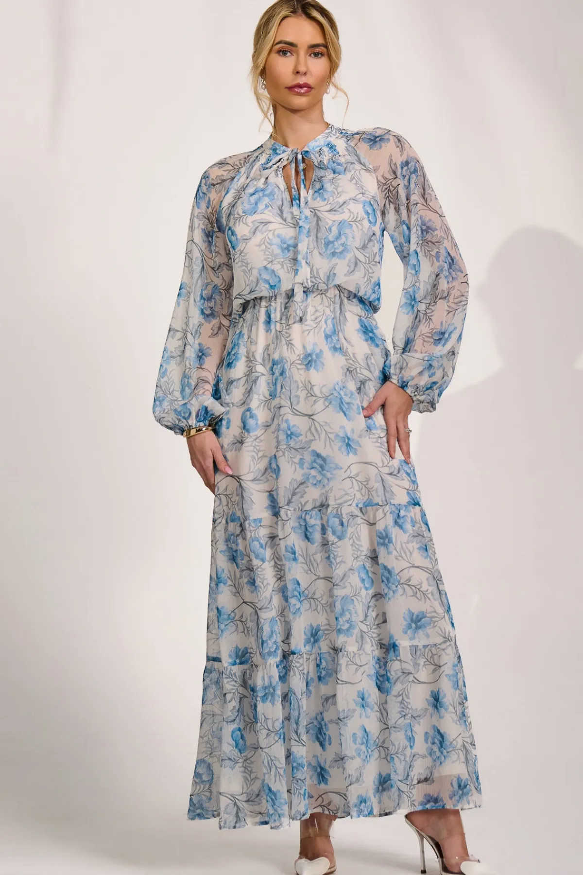 Jolie Moi Occasion Dresses|Weekend Casuals-Long Sleeve Chiffon Tiered Maxi Dress, White Floral