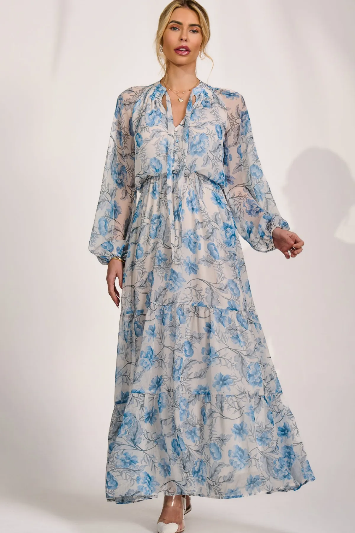 Jolie Moi Occasion Dresses|Weekend Casuals-Long Sleeve Chiffon Tiered Maxi Dress, White Floral