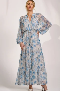 Jolie Moi Occasion Dresses|Weekend Casuals-Long Sleeve Chiffon Tiered Maxi Dress, White Floral