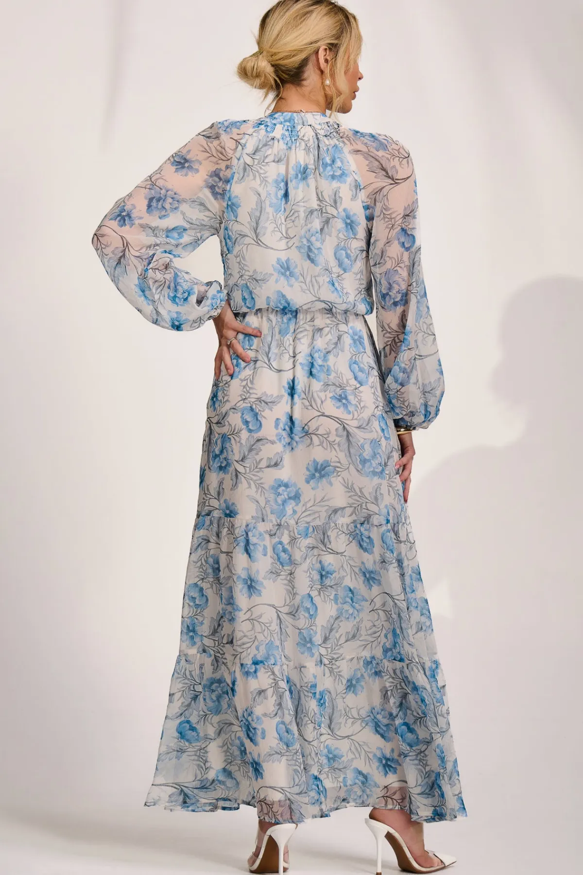Jolie Moi Occasion Dresses|Weekend Casuals-Long Sleeve Chiffon Tiered Maxi Dress, White Floral
