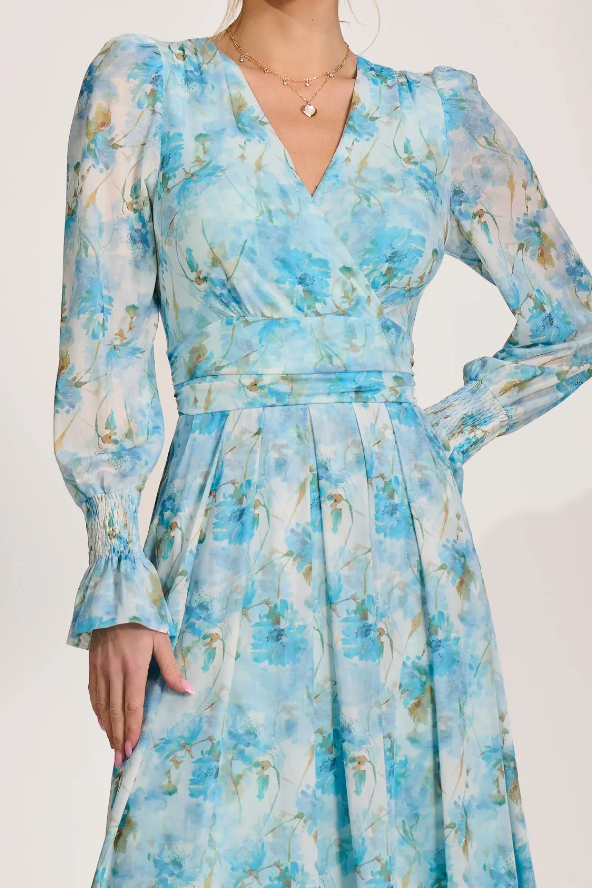 Jolie Moi Occasion Dresses|Mesh Dresses-Long Sleeve Dip Hem Mesh Maxi Dress, Blue Floral