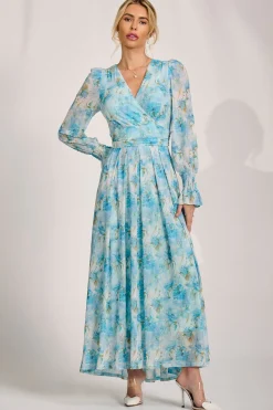 Jolie Moi Occasion Dresses|Mesh Dresses-Long Sleeve Dip Hem Mesh Maxi Dress, Blue Floral