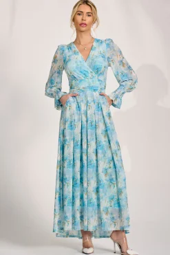Jolie Moi Occasion Dresses|Mesh Dresses-Long Sleeve Dip Hem Mesh Maxi Dress, Blue Floral
