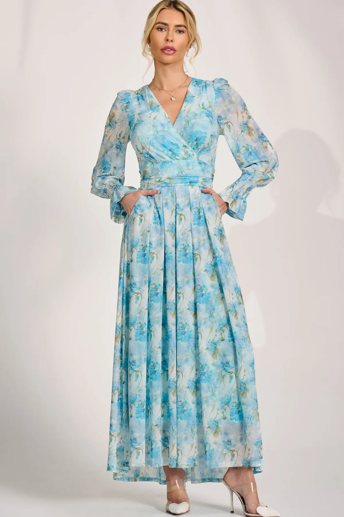 Jolie Moi Occasion Dresses|Mesh Dresses-Long Sleeve Dip Hem Mesh Maxi Dress, Blue Floral