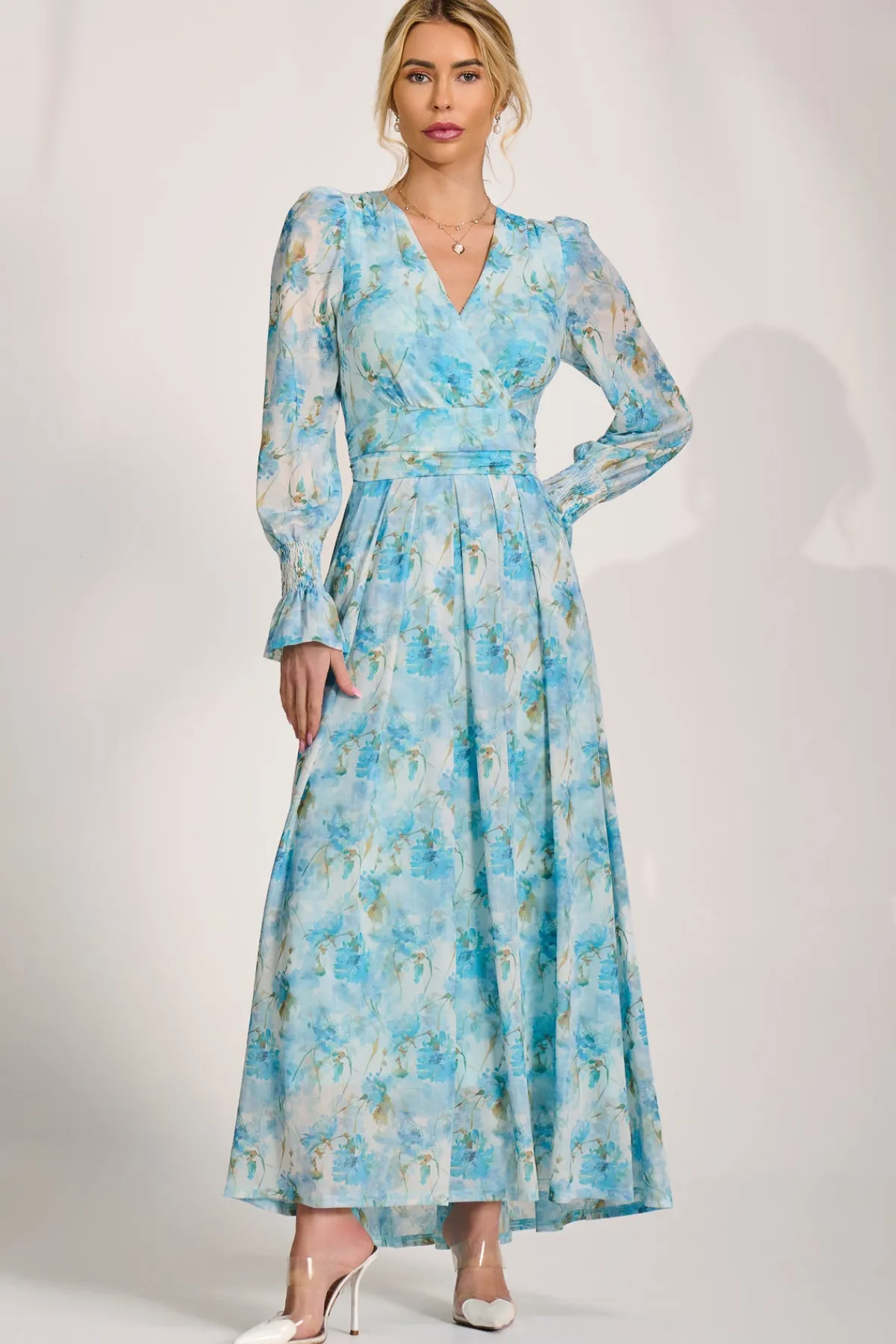 Jolie Moi Occasion Dresses|Mesh Dresses-Long Sleeve Dip Hem Mesh Maxi Dress, Blue Floral