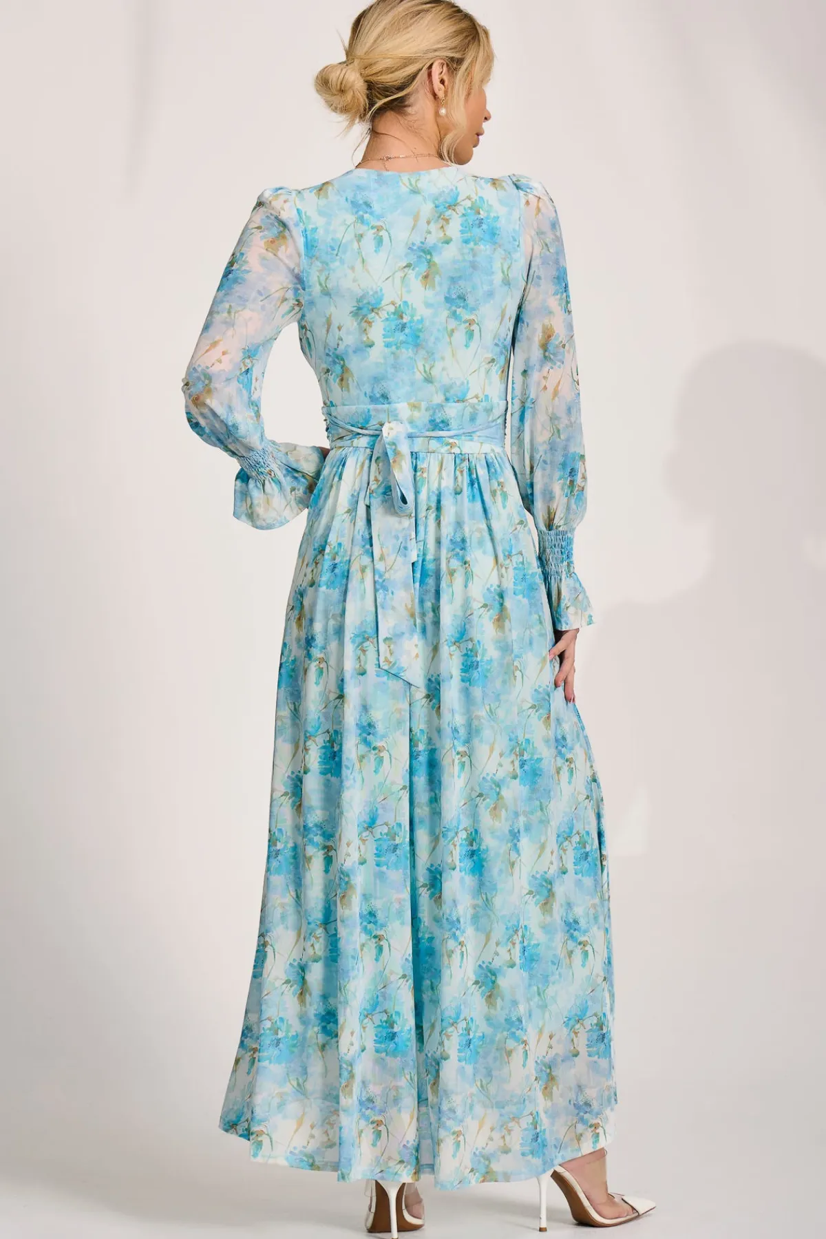 Jolie Moi Occasion Dresses|Mesh Dresses-Long Sleeve Dip Hem Mesh Maxi Dress, Blue Floral
