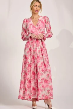 Jolie Moi Occasion Dresses|Wedding Guest-Long Sleeve Dip Hem Mesh Maxi Dress, Pink Floral