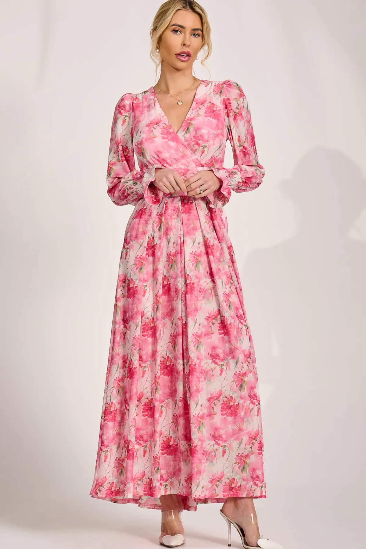 Jolie Moi Occasion Dresses|Wedding Guest-Long Sleeve Dip Hem Mesh Maxi Dress, Pink Floral