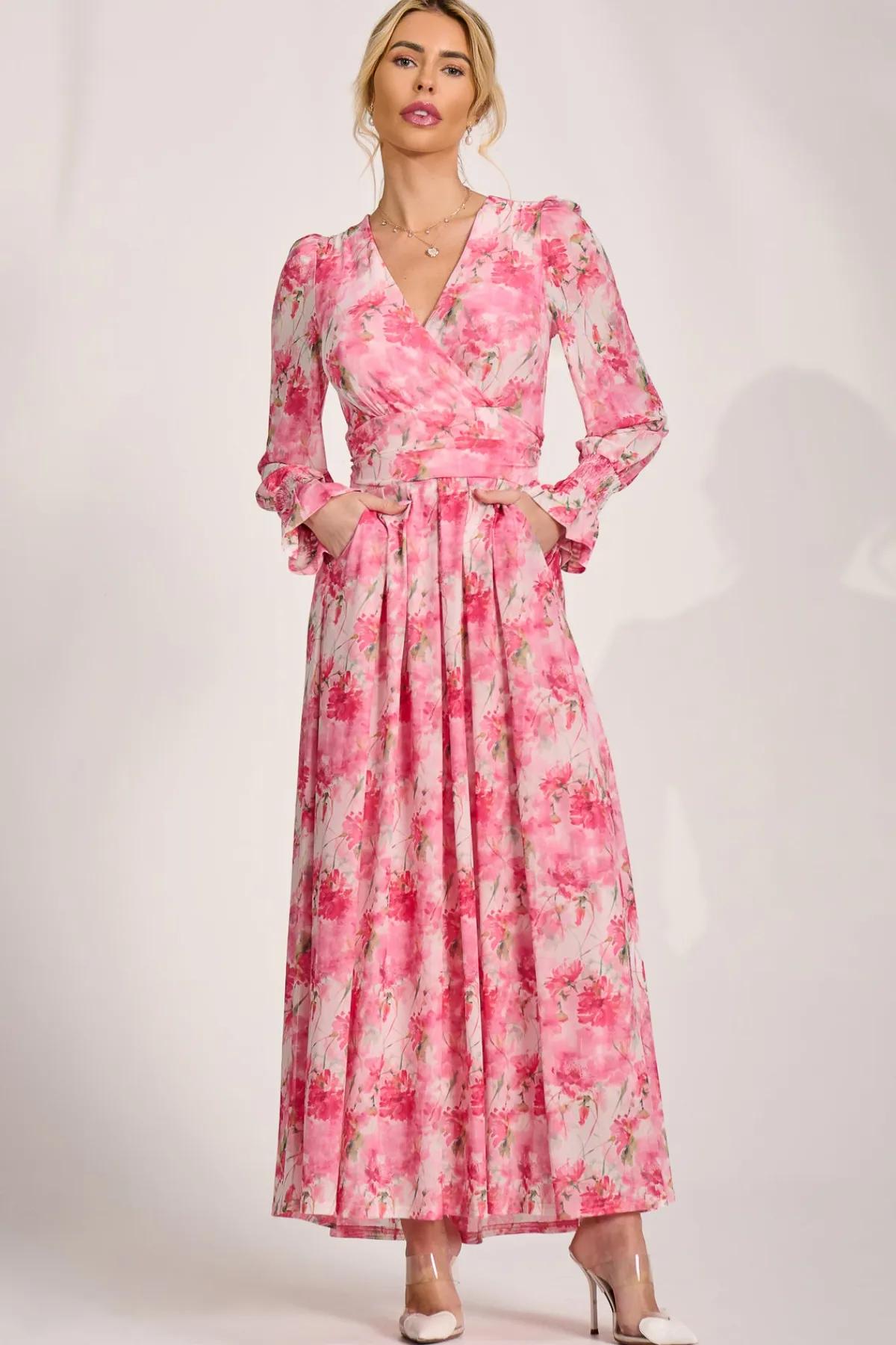 Jolie Moi Occasion Dresses|Wedding Guest-Long Sleeve Dip Hem Mesh Maxi Dress, Pink Floral