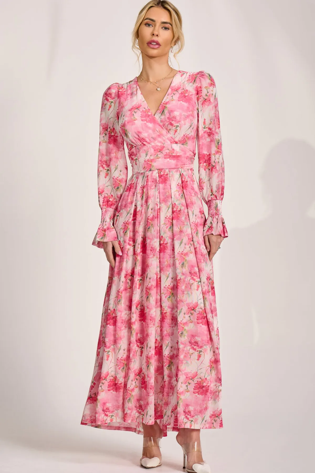 Jolie Moi Occasion Dresses|Wedding Guest-Long Sleeve Dip Hem Mesh Maxi Dress, Pink Floral