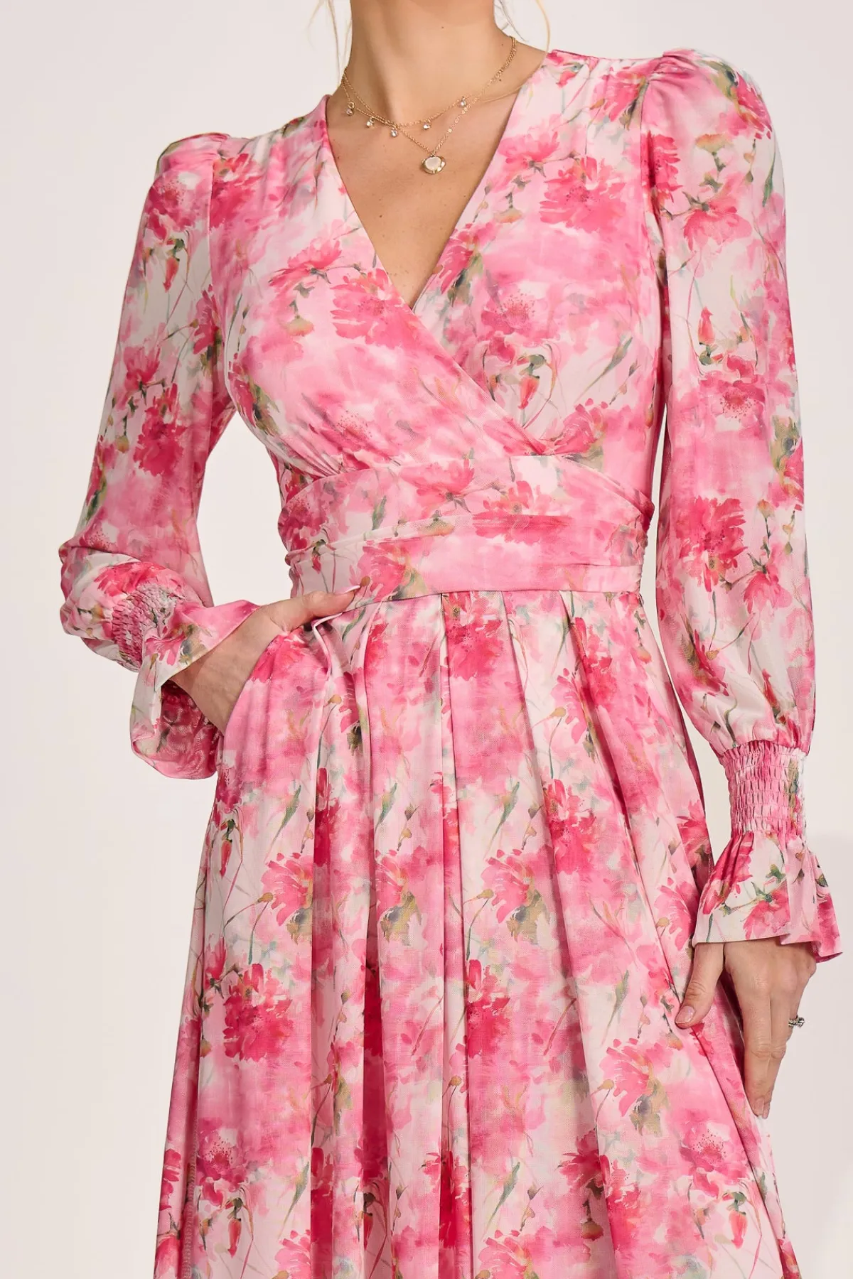 Jolie Moi Occasion Dresses|Wedding Guest-Long Sleeve Dip Hem Mesh Maxi Dress, Pink Floral
