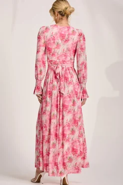 Jolie Moi Occasion Dresses|Wedding Guest-Long Sleeve Dip Hem Mesh Maxi Dress, Pink Floral