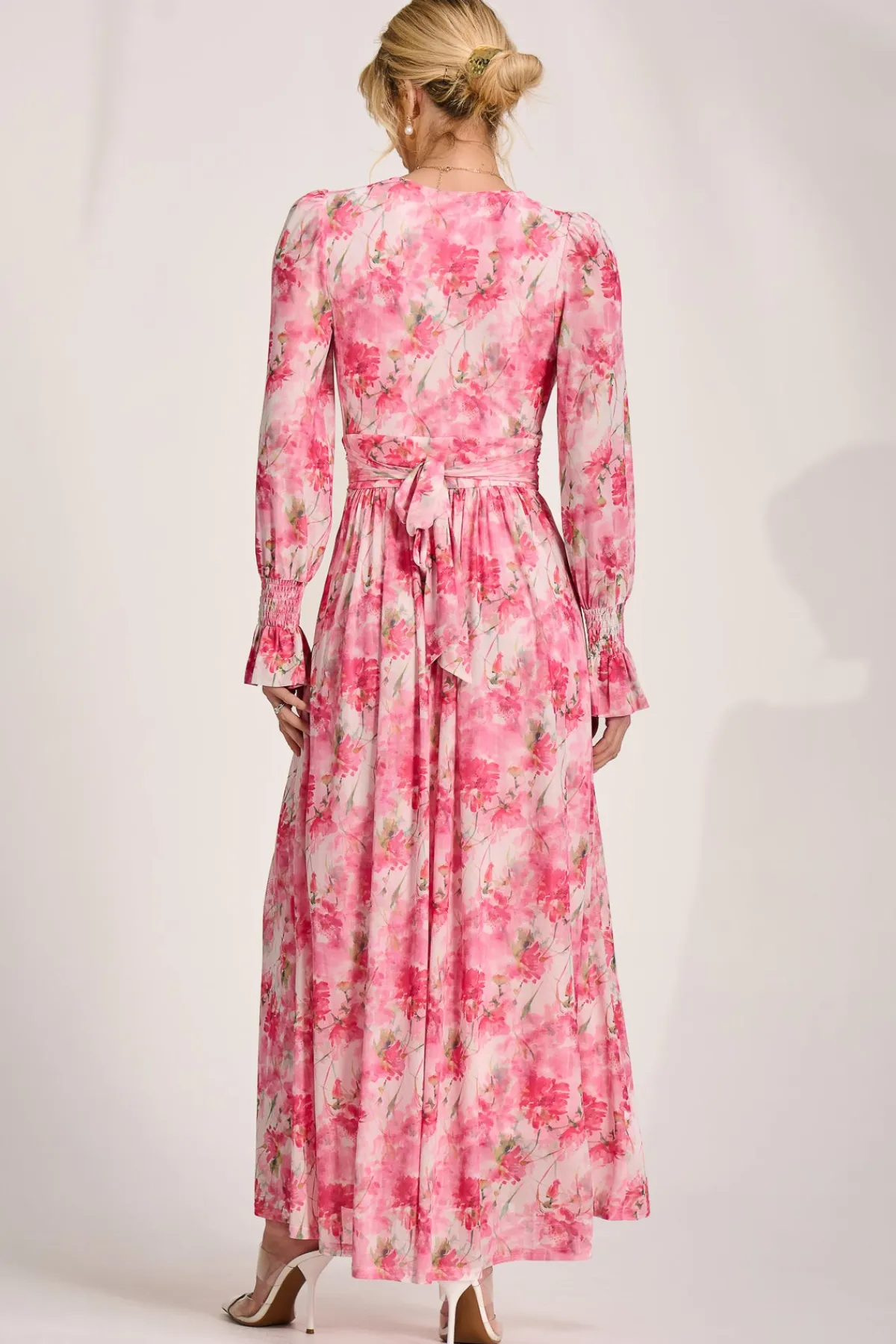 Jolie Moi Occasion Dresses|Wedding Guest-Long Sleeve Dip Hem Mesh Maxi Dress, Pink Floral