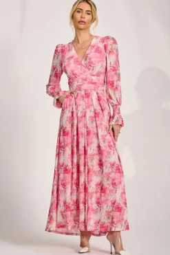 Jolie Moi Occasion Dresses|Wedding Guest-Long Sleeve Dip Hem Mesh Maxi Dress, Pink Floral