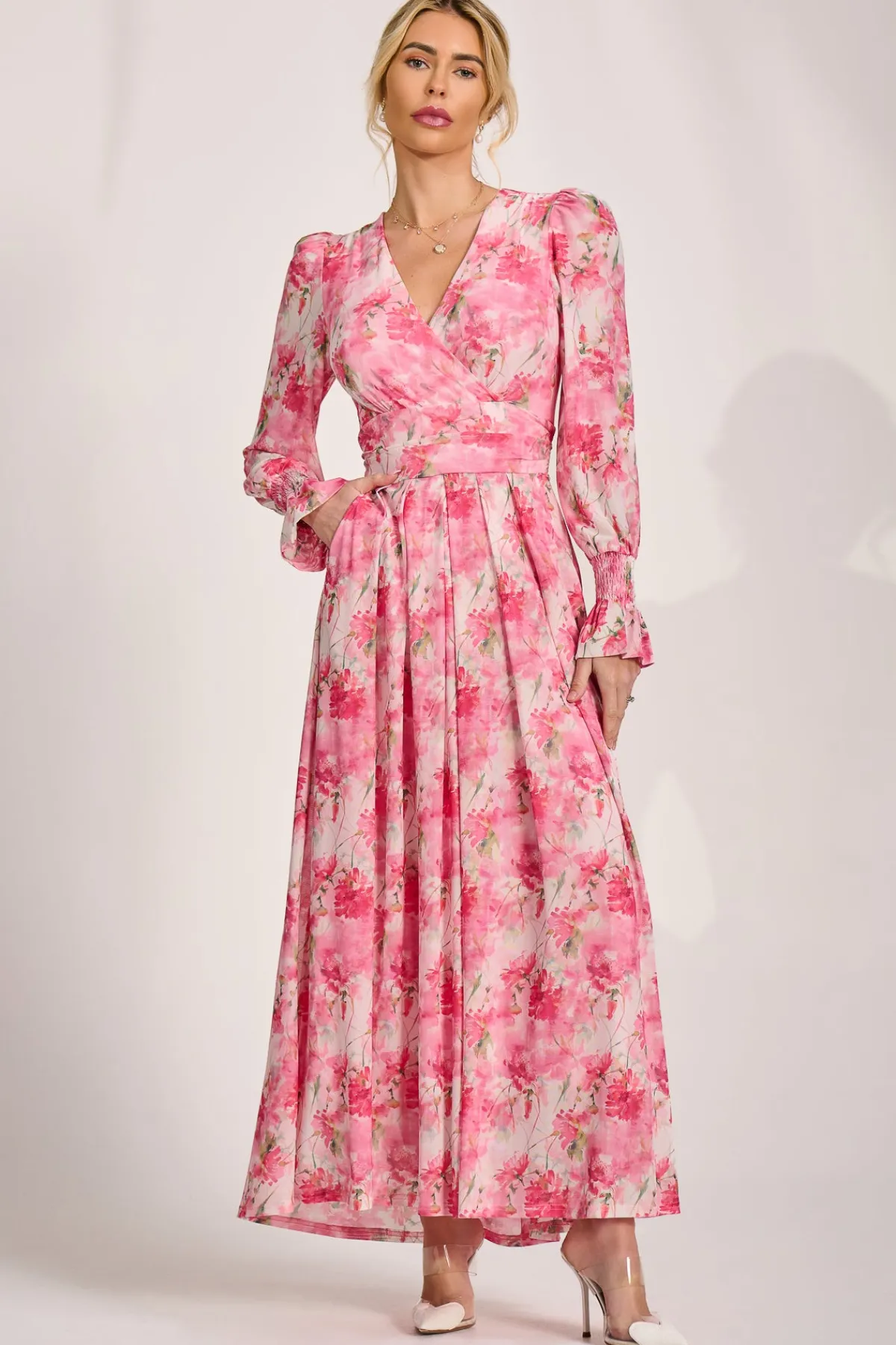Jolie Moi Occasion Dresses|Wedding Guest-Long Sleeve Dip Hem Mesh Maxi Dress, Pink Floral
