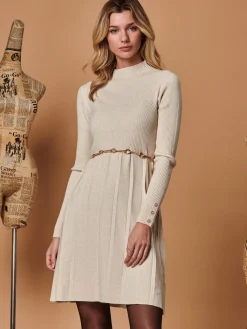 Jolie Moi Occasion Dresses|Weekend Casuals-Long Sleeve Fit & Flare Knit Dress, Beige Heather