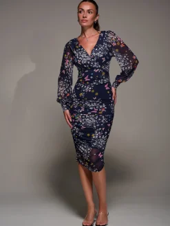 Jolie Moi Occasion Dresses|Party Dresses-Long Sleeve Floral Mesh Dress, Navy Floral