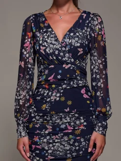 Jolie Moi Occasion Dresses|Party Dresses-Long Sleeve Floral Mesh Dress, Navy Floral