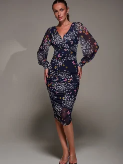 Jolie Moi Occasion Dresses|Party Dresses-Long Sleeve Floral Mesh Dress, Navy Floral