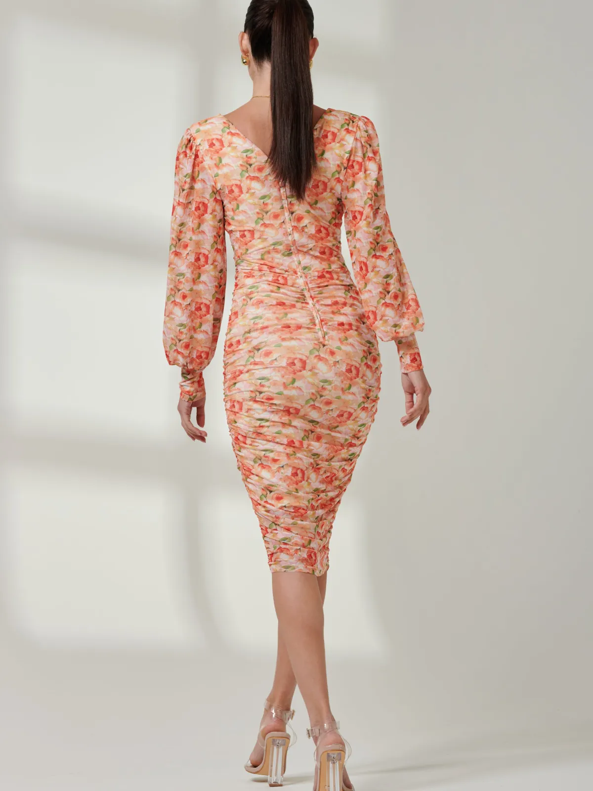 Jolie Moi Occasion Dresses|Party Dresses-Long Sleeve Floral Mesh Dress, Orange Multi