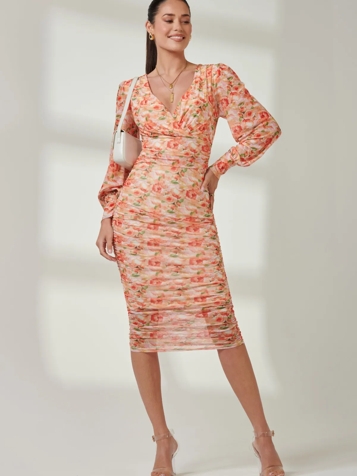 Jolie Moi Occasion Dresses|Party Dresses-Long Sleeve Floral Mesh Dress, Orange Multi