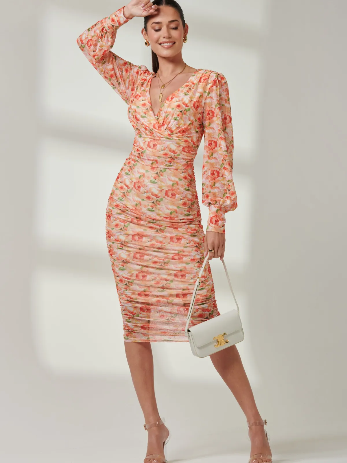Jolie Moi Occasion Dresses|Party Dresses-Long Sleeve Floral Mesh Dress, Orange Multi